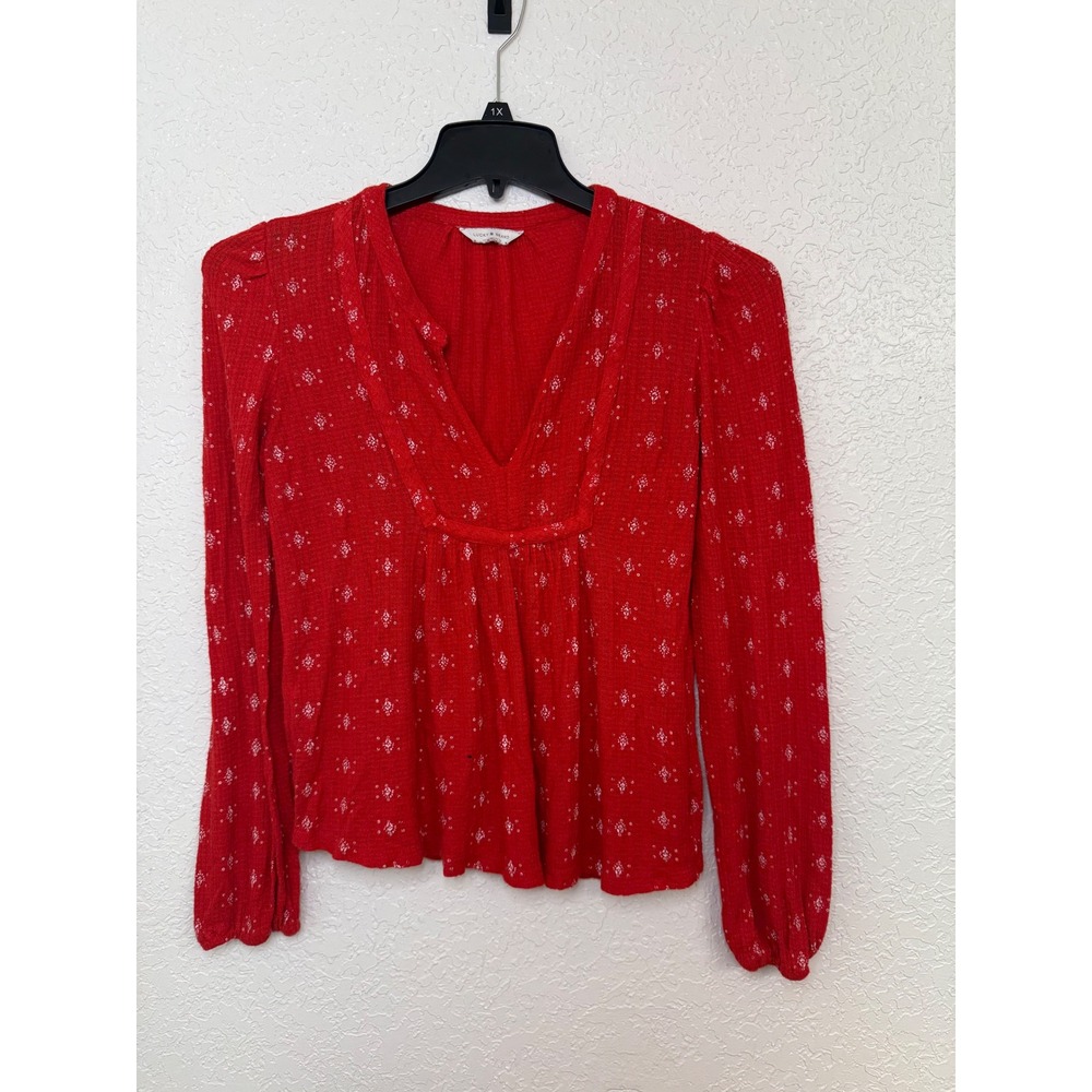Lucky Brand Red Diamond Print‎ V Neck Peasant Long Sleeve Blouse Top Women M
